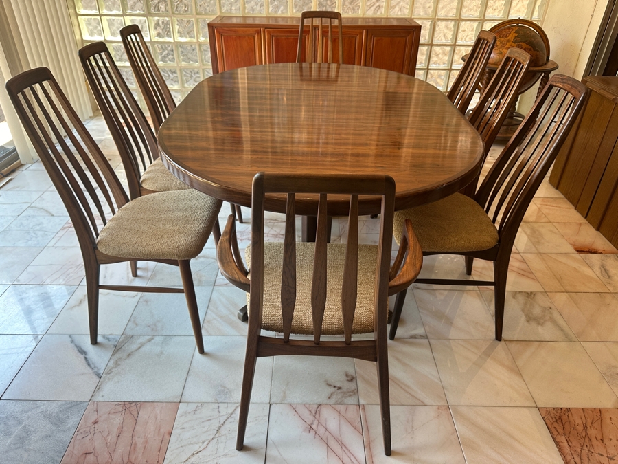 Stunning Rosewood Niels Koefoed Eva Dining Chairs (Two Eva Armchairs + Six Eva Chairs) With Matching Rosewood Dining Table With Two Leaves (One Shown In Initial Picture) - See Details For Dimensions - Estimate $7,000-$10,000