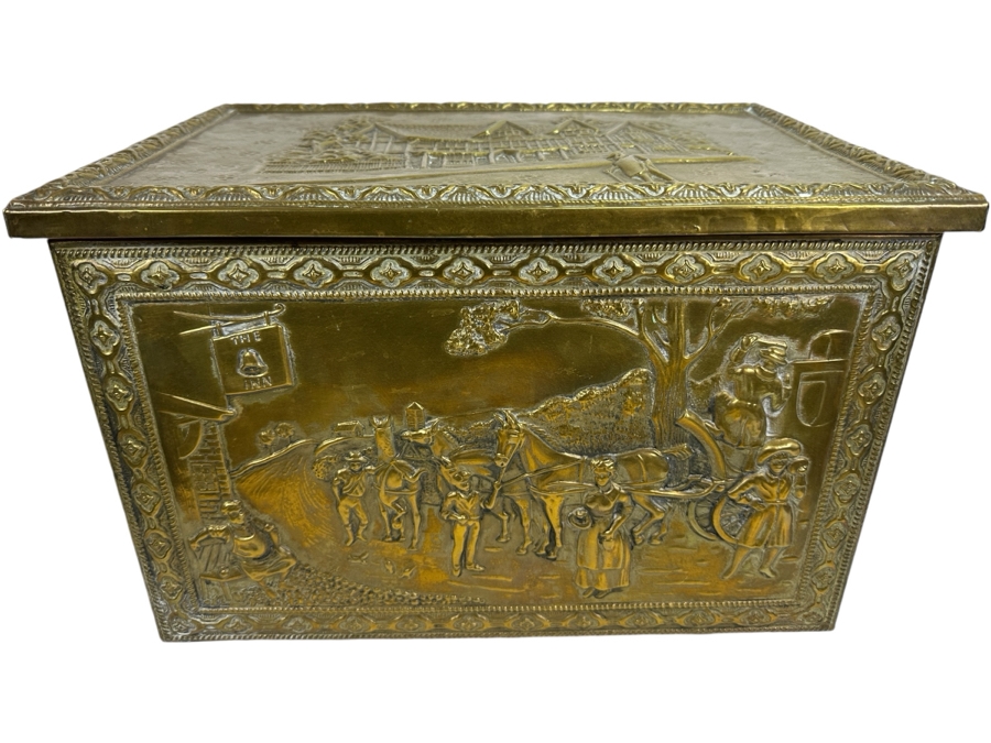 Vintage Repousse Brass Wood Tender Coal Box 17.5W X 12D X 12H