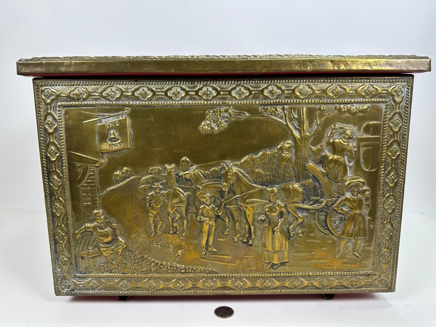 Vintage Repousse Brass Wood Tender Coal Box 17.5W X 12D X 12H [Photo 6]