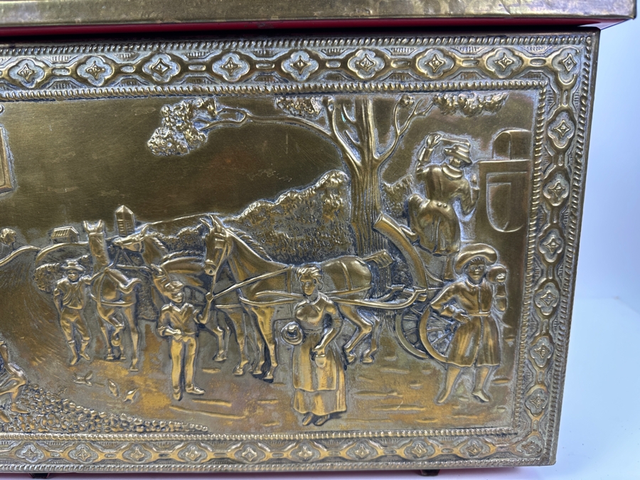 Vintage Repousse Brass Wood Tender Coal Box 17.5W X 12D X 12H [Photo 8]