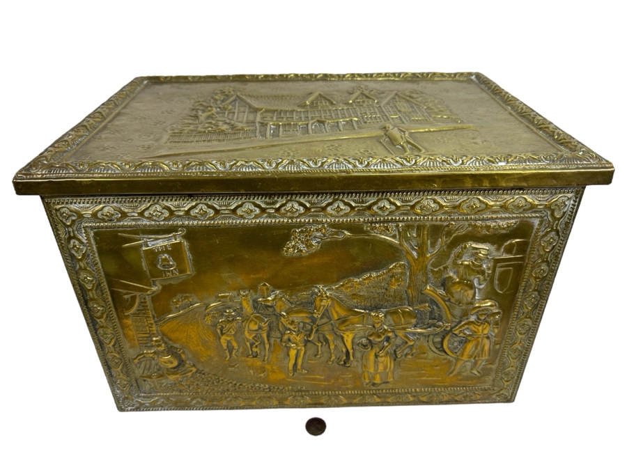 Vintage Repousse Brass Wood Tender Coal Box 17.5W X 12D X 12H [Photo 2]