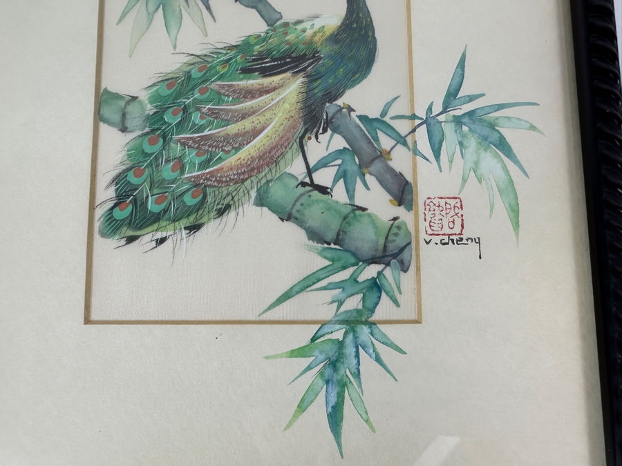 Original Silk Peakcock Mixed Media Painting Signed V. Cheng Framed 8.5 X 10.5 [Photo 8]