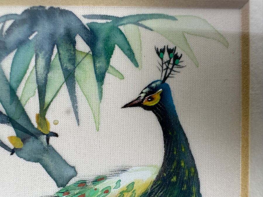 Original Silk Peakcock Mixed Media Painting Signed V. Cheng Framed 8.5 X 10.5 [Photo 4]