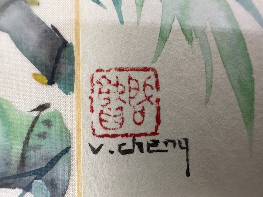 Original Silk Peakcock Mixed Media Painting Signed V. Cheng Framed 8.5 X 10.5 [Photo 6]