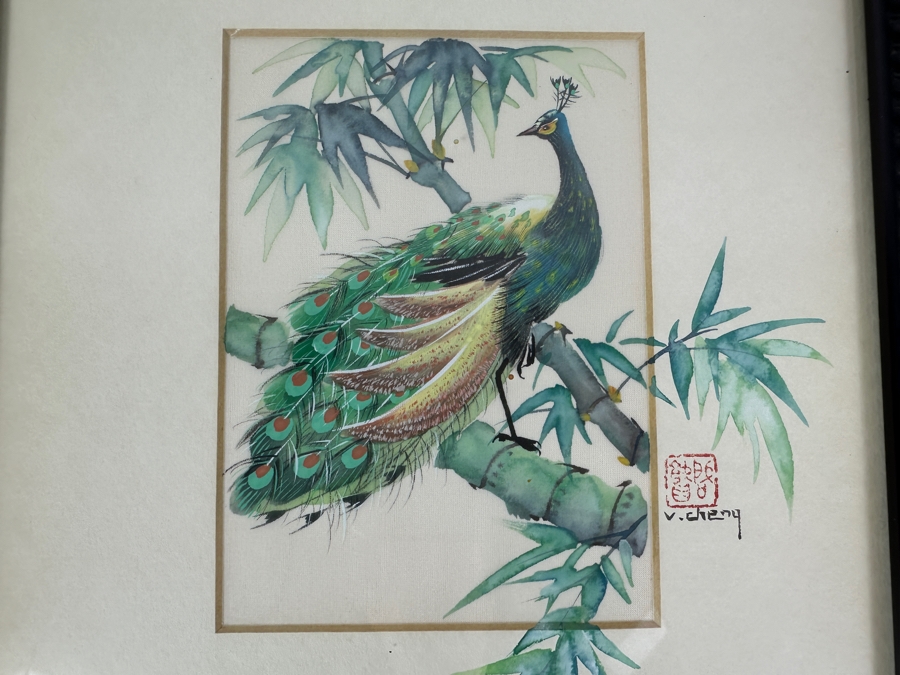 Original Silk Peakcock Mixed Media Painting Signed V. Cheng Framed 8.5 X 10.5 [Photo 2]