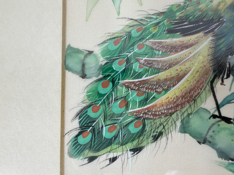 Original Silk Peakcock Mixed Media Painting Signed V. Cheng Framed 8.5 X 10.5 [Photo 3]
