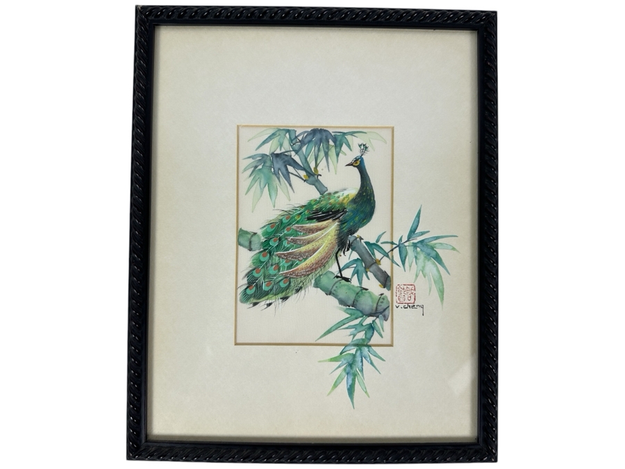 Original Silk Peakcock Mixed Media Painting Signed V. Cheng Framed 8.5 X 10.5