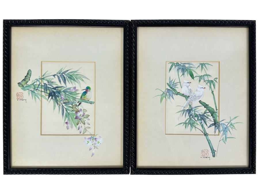 Pair Of Original Silk Bird Mixed Media Paintings Signed V. Cheng Framed 8.5 X 10.5