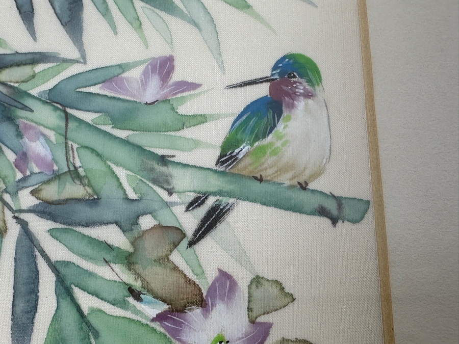 Pair Of Original Silk Bird Mixed Media Paintings Signed V. Cheng Framed 8.5 X 10.5 [Photo 8]