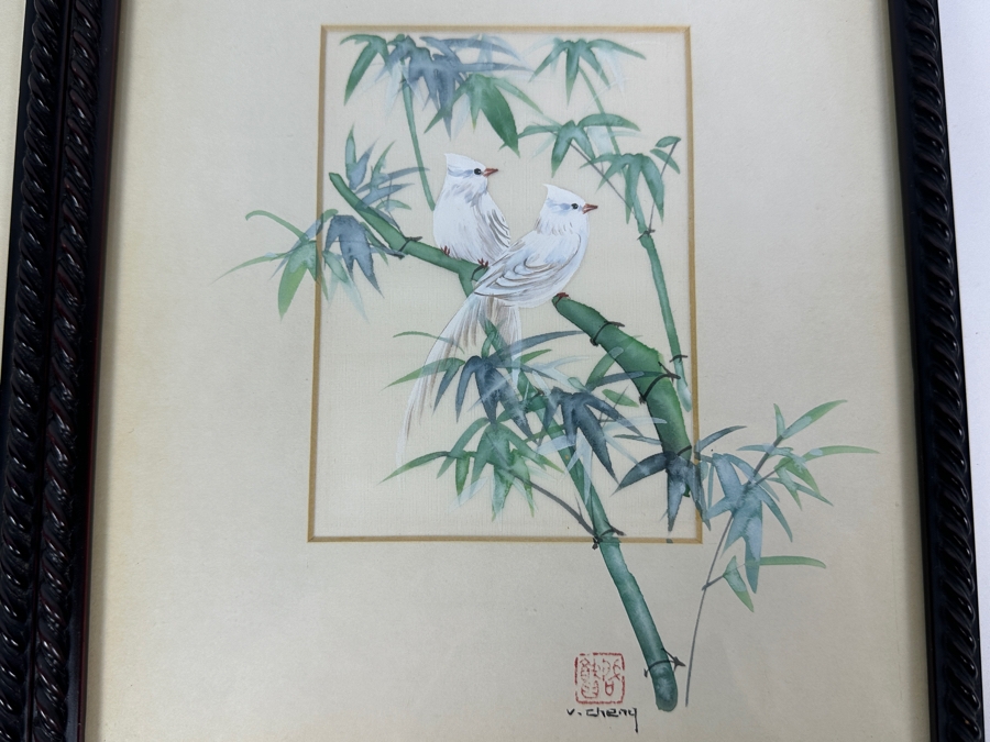 Pair Of Original Silk Bird Mixed Media Paintings Signed V. Cheng Framed 8.5 X 10.5 [Photo 2]