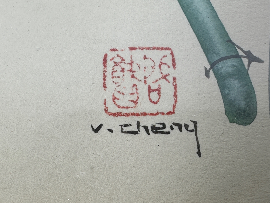 Pair Of Original Silk Bird Mixed Media Paintings Signed V. Cheng Framed 8.5 X 10.5 [Photo 6]