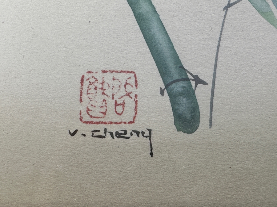 Pair Of Original Silk Bird Mixed Media Paintings Signed V. Cheng Framed 8.5 X 10.5 [Photo 5]