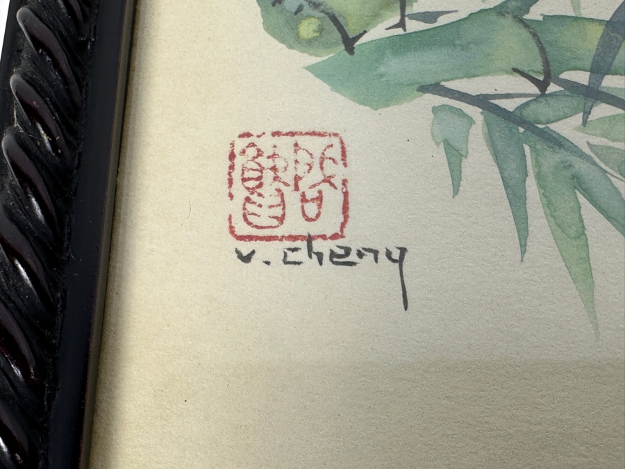 Pair Of Original Silk Bird Mixed Media Paintings Signed V. Cheng Framed 8.5 X 10.5 [Photo 11]