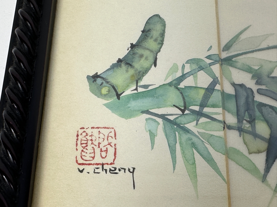 Pair Of Original Silk Bird Mixed Media Paintings Signed V. Cheng Framed 8.5 X 10.5 [Photo 10]