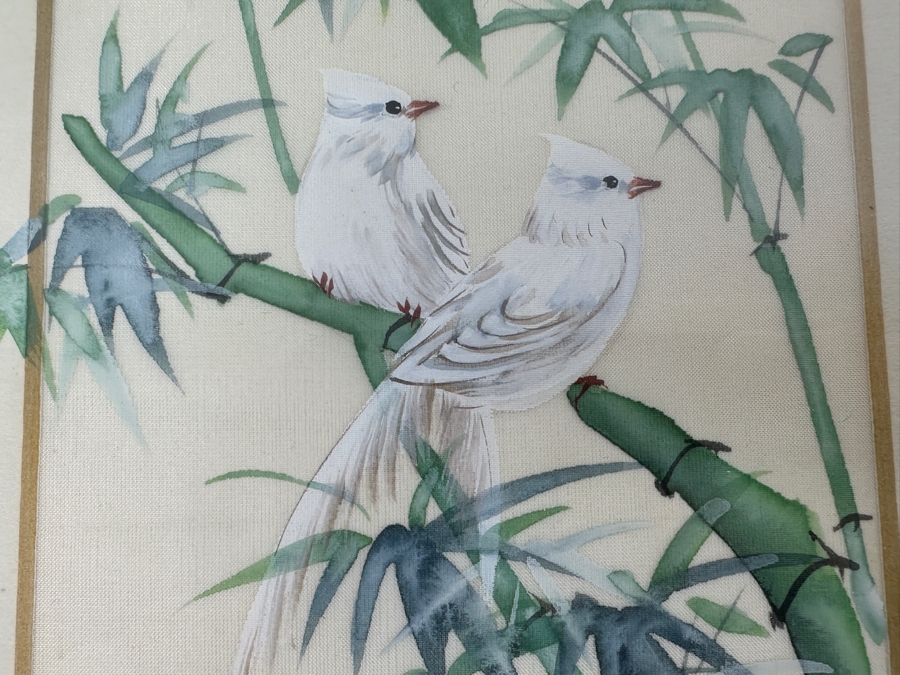 Pair Of Original Silk Bird Mixed Media Paintings Signed V. Cheng Framed 8.5 X 10.5 [Photo 3]
