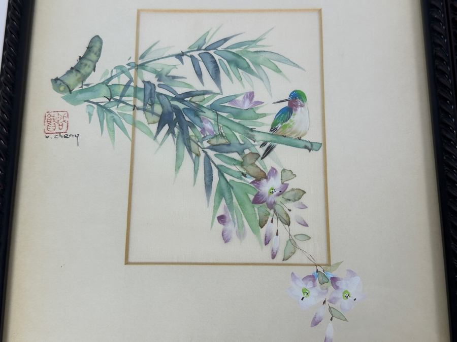 Pair Of Original Silk Bird Mixed Media Paintings Signed V. Cheng Framed 8.5 X 10.5 [Photo 7]