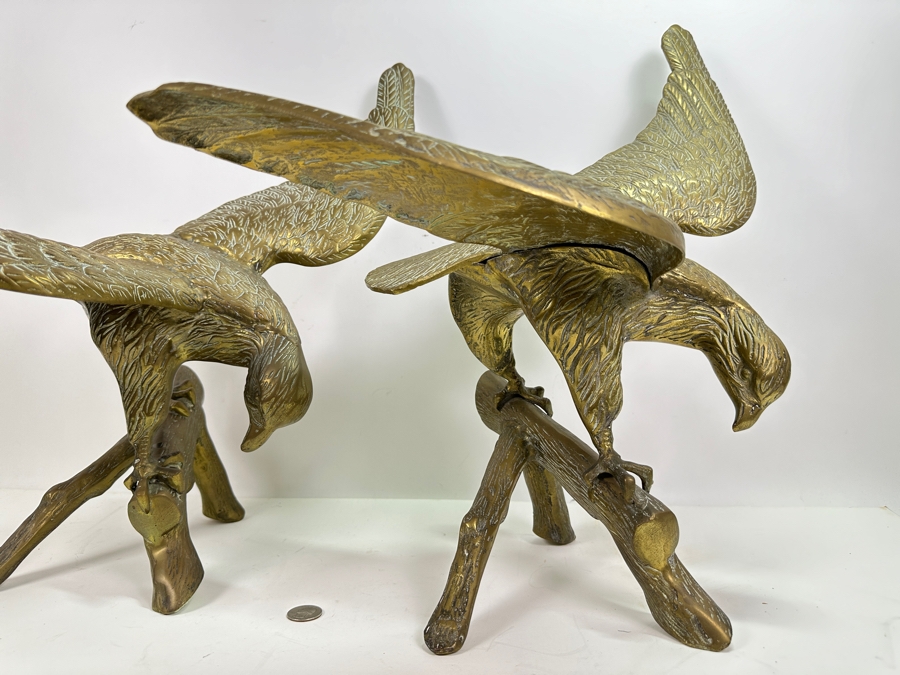 Large Pair Of Vintage Brass Eagle Landing Sculptures [Photo 3]