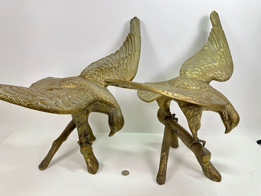 Large Pair Of Vintage Brass Eagle Landing Sculptures [Photo 4]