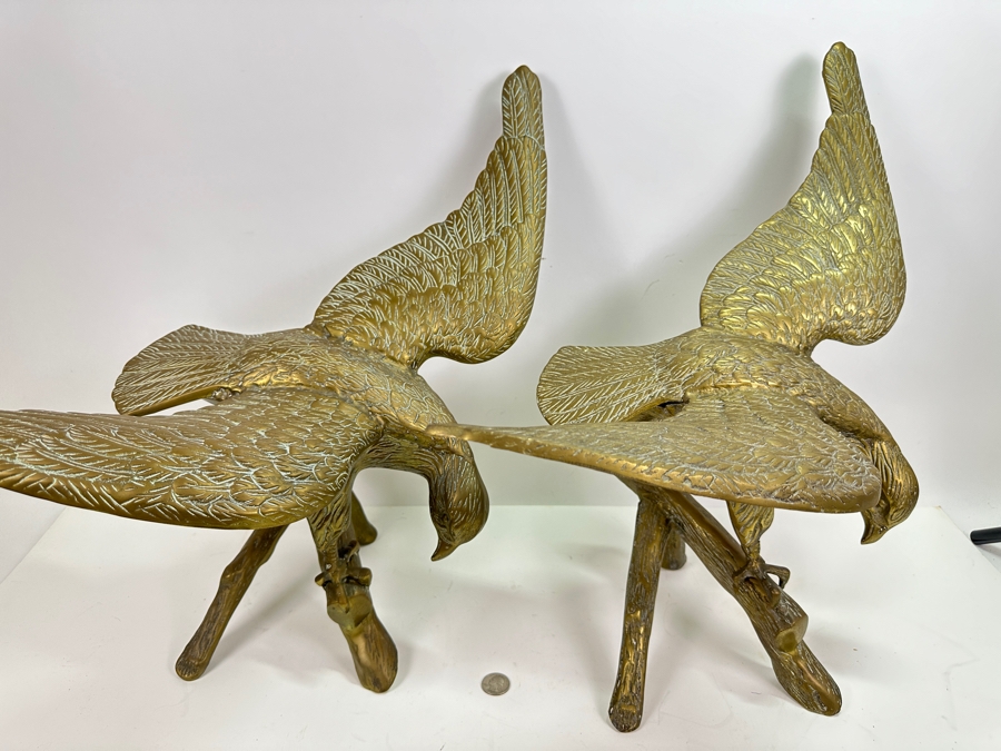 Large Pair Of Vintage Brass Eagle Landing Sculptures [Photo 5]