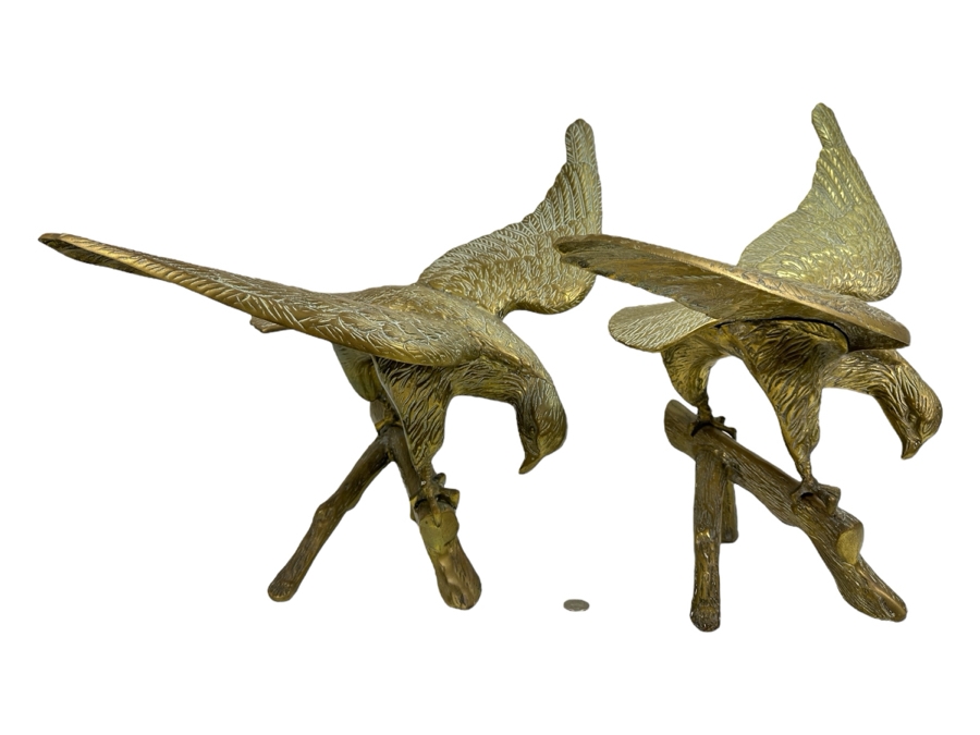 Large Pair Of Vintage Brass Eagle Landing Sculptures