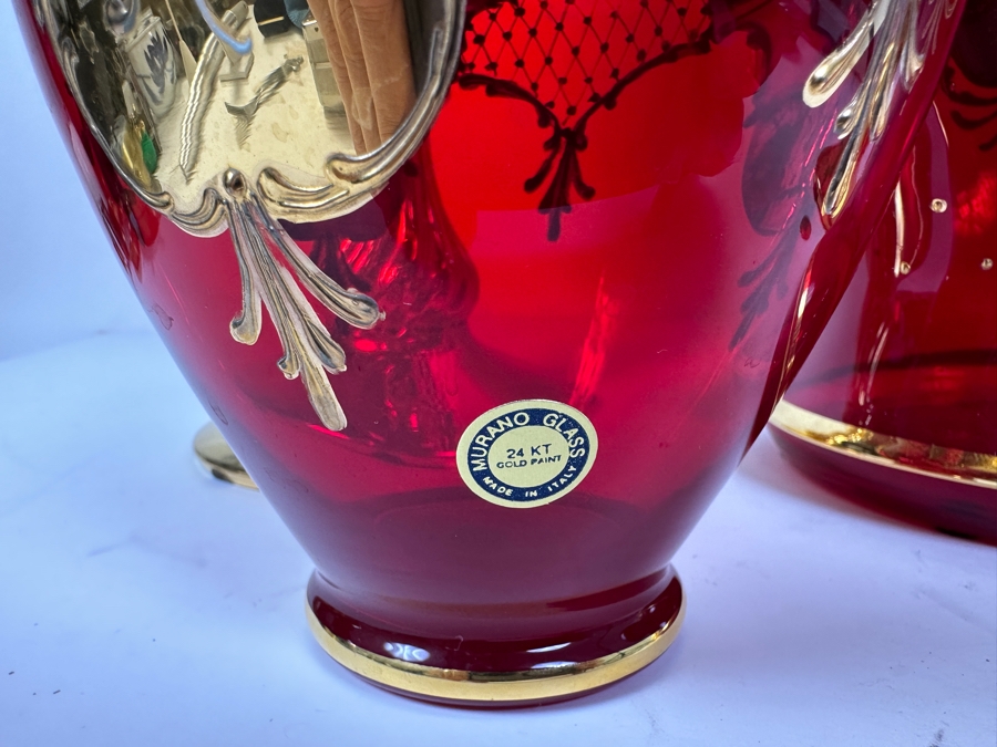 Impressive Collection Of Hand Painted Murano Glass With 24K Gold Paint (3) Vases & Lidded Jar 16H Made In Italy [Photo 4]