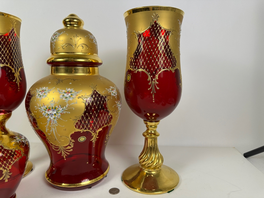 Impressive Collection Of Hand Painted Murano Glass With 24K Gold Paint (3) Vases & Lidded Jar 16H Made In Italy [Photo 9]