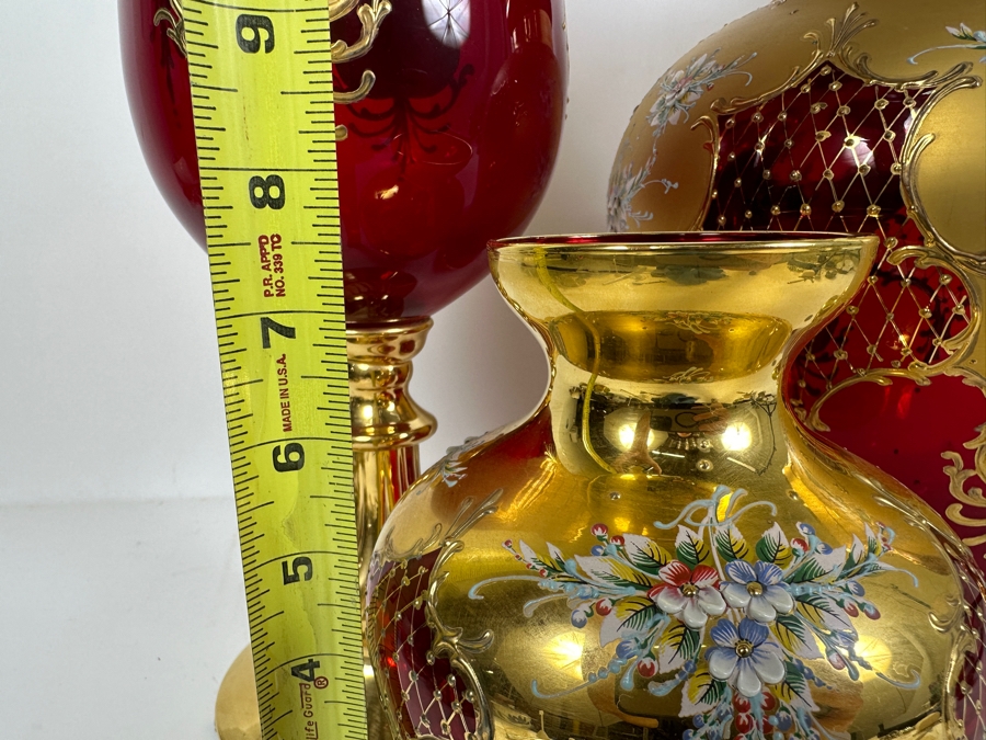 Impressive Collection Of Hand Painted Murano Glass With 24K Gold Paint (3) Vases & Lidded Jar 16H Made In Italy [Photo 11]