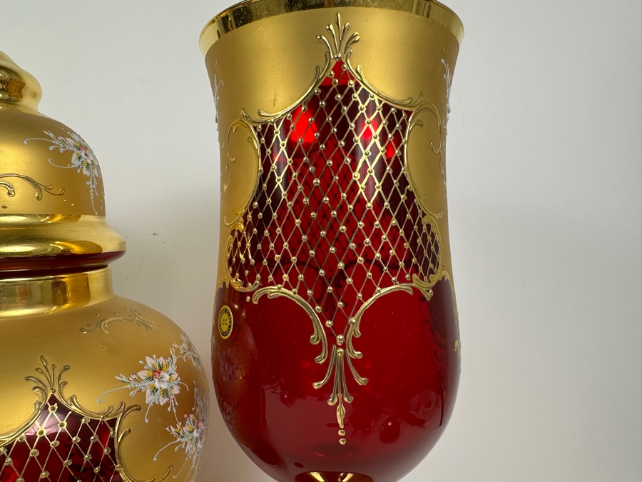 Impressive Collection Of Hand Painted Murano Glass With 24K Gold Paint (3) Vases & Lidded Jar 16H Made In Italy [Photo 10]