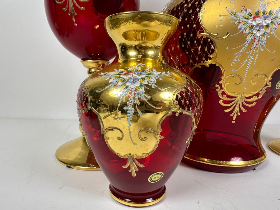 Murano Cobalt Blue 24 KT Gold Paint Flowers Vase 9” Tall