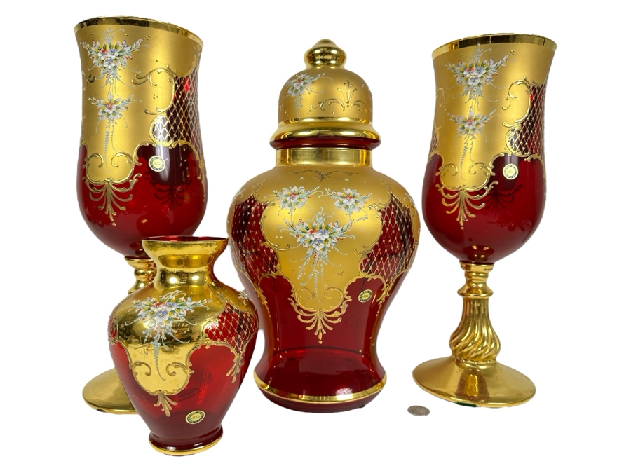 Impressive Collection Of Hand Painted Murano Glass With 24K Gold Paint (3) Vases & Lidded Jar 16H Made In Italy [Photo 1]