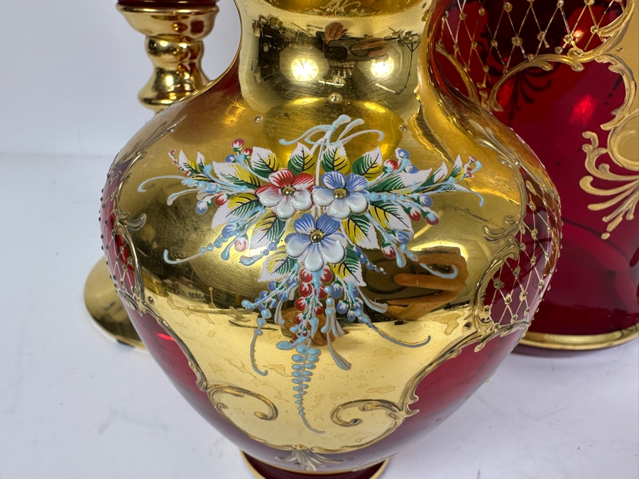 Impressive Collection Of Hand Painted Murano Glass With 24K Gold Paint (3) Vases & Lidded Jar 16H Made In Italy [Photo 3]