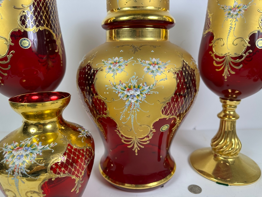 Impressive Collection Of Hand Painted Murano Glass With 24K Gold Paint (3) Vases & Lidded Jar 16H Made In Italy [Photo 5]