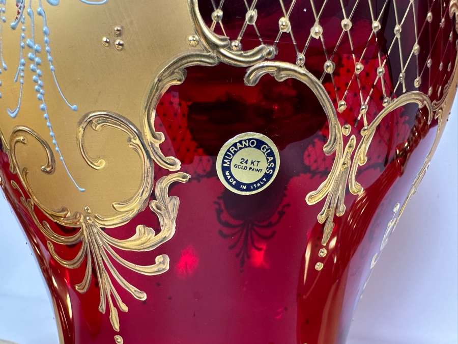 Impressive Collection Of Hand Painted Murano Glass With 24K Gold Paint (3) Vases & Lidded Jar 16H Made In Italy [Photo 7]
