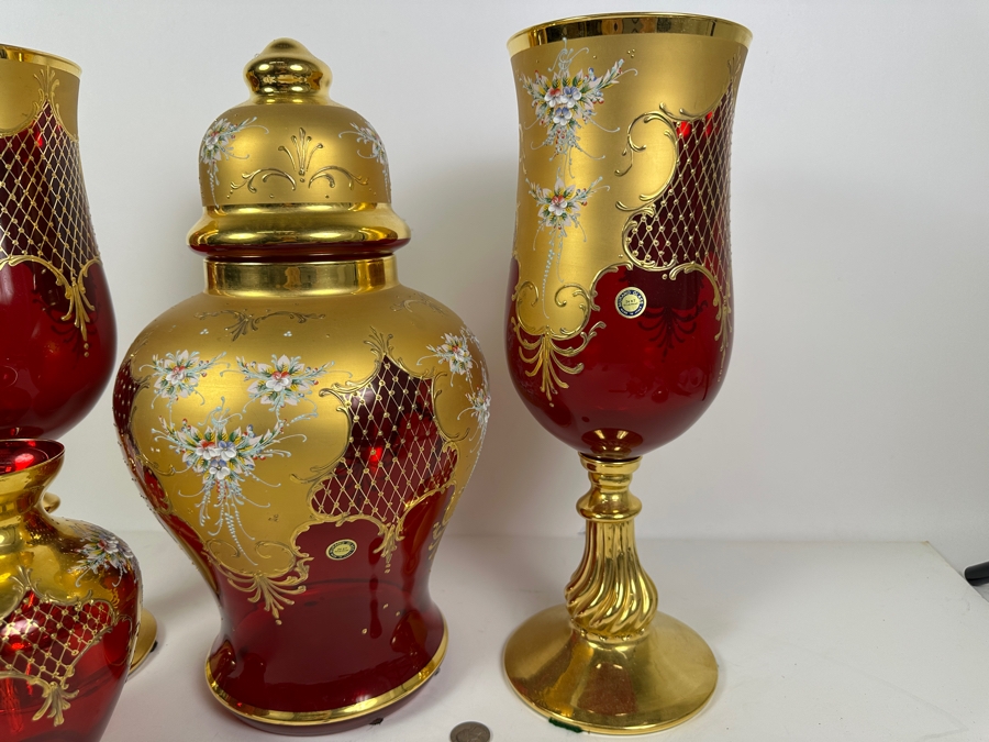 Impressive Collection Of Hand Painted Murano Glass With 24K Gold Paint (3) Vases & Lidded Jar 16H Made In Italy [Photo 8]