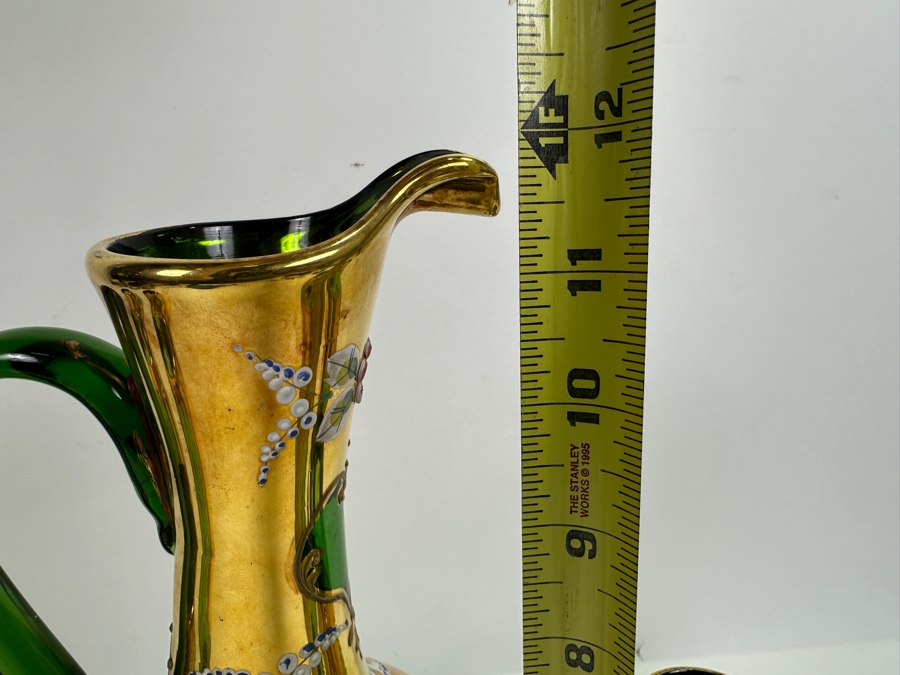 Just Added - Vintage Hand Painted Green Glass Pitcher 12H With Six Stemware Glasses [Photo 3]