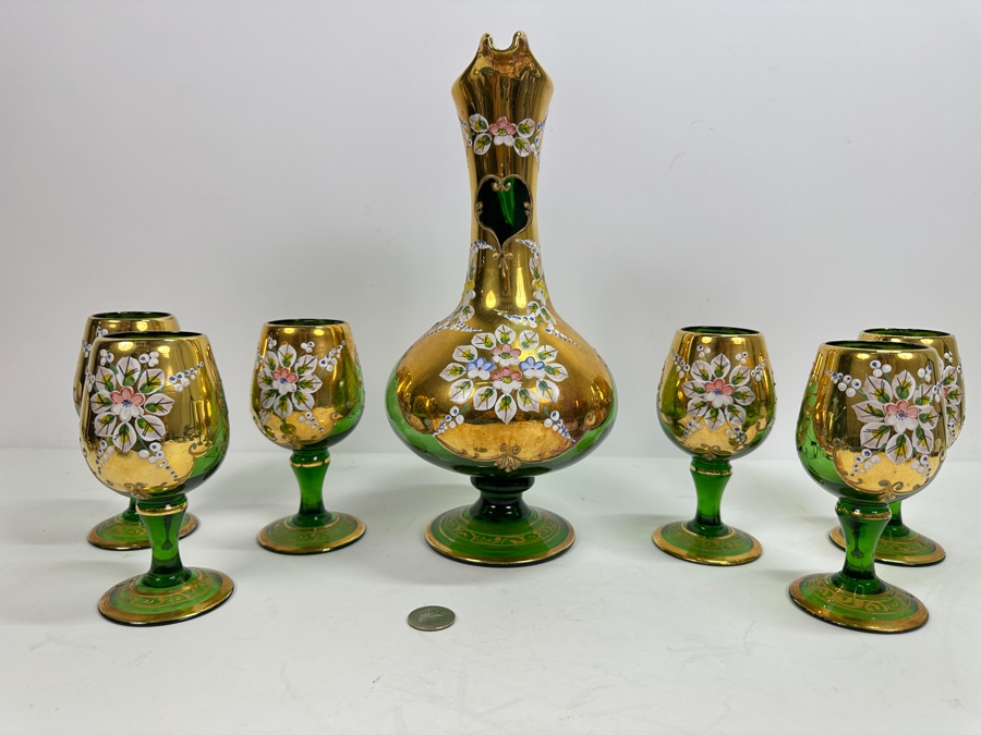 Just Added - Vintage Hand Painted Green Glass Pitcher 12H With Six Stemware Glasses [Photo 2]