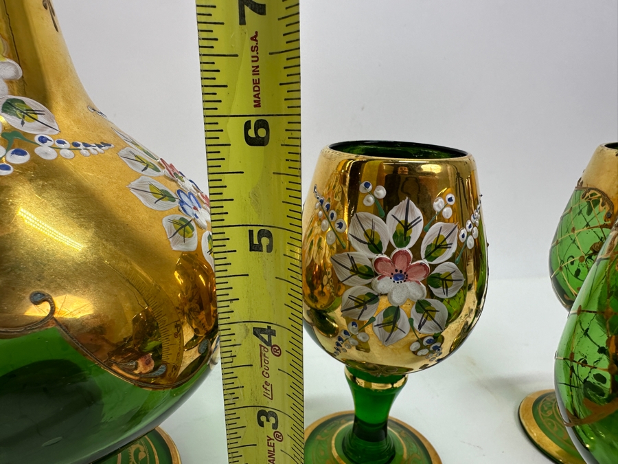 Just Added - Vintage Hand Painted Green Glass Pitcher 12H With Six Stemware Glasses [Photo 4]