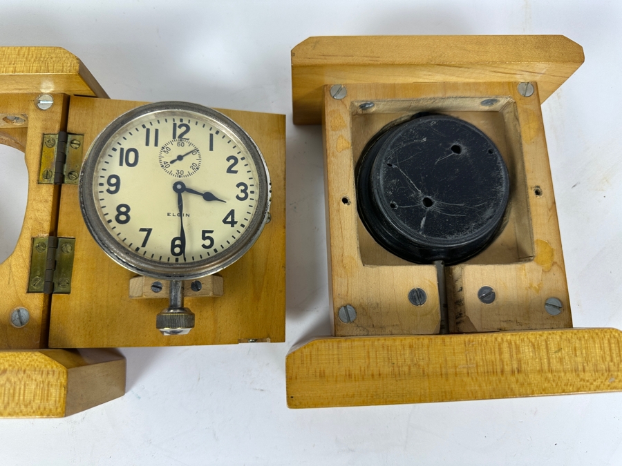 Pair Of Vintage Elgin 8 Day Car Clocks With Wooden Display Cases - Needs Servicing 6W X 2.75D X 6.5H [Photo 4]