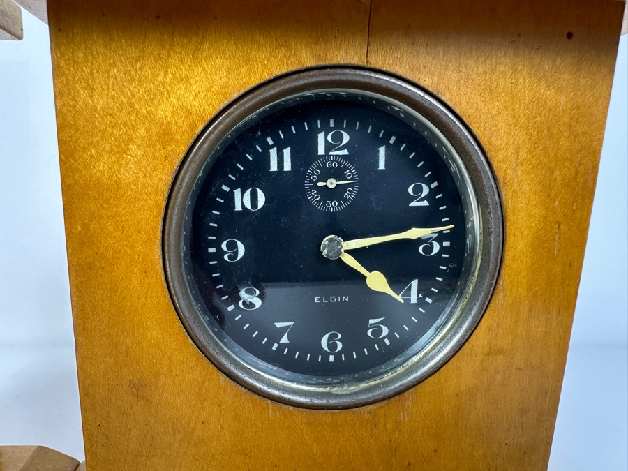 Pair Of Vintage Elgin 8 Day Car Clocks With Wooden Display Cases - Needs Servicing 6W X 2.75D X 6.5H [Photo 3]