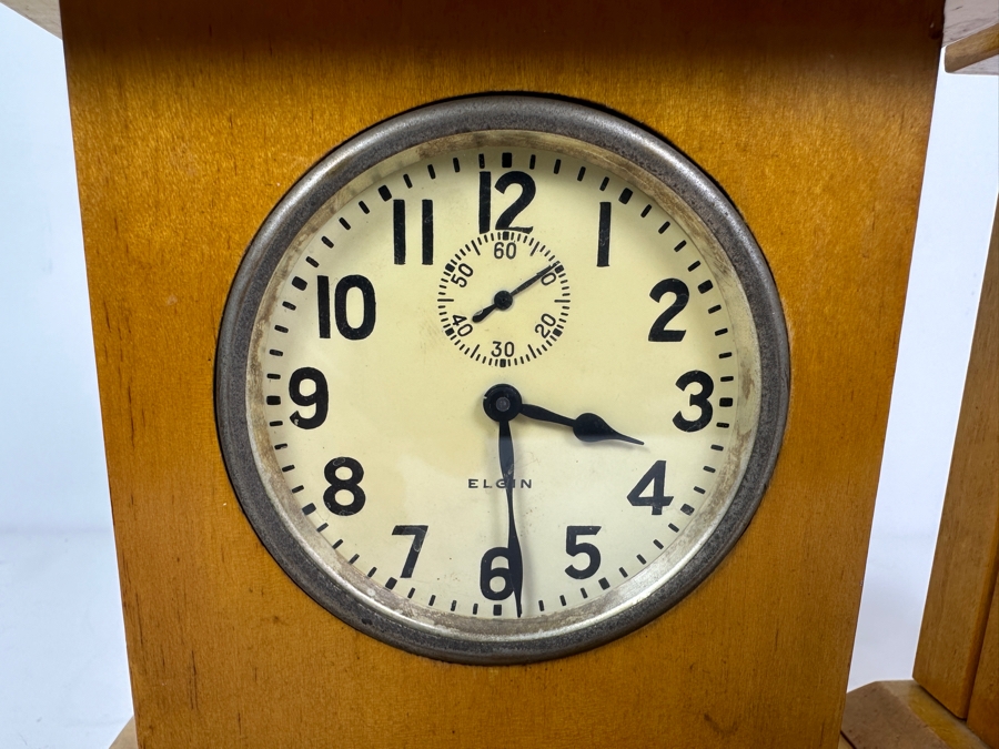 Pair Of Vintage Elgin 8 Day Car Clocks With Wooden Display Cases - Needs Servicing 6W X 2.75D X 6.5H [Photo 2]