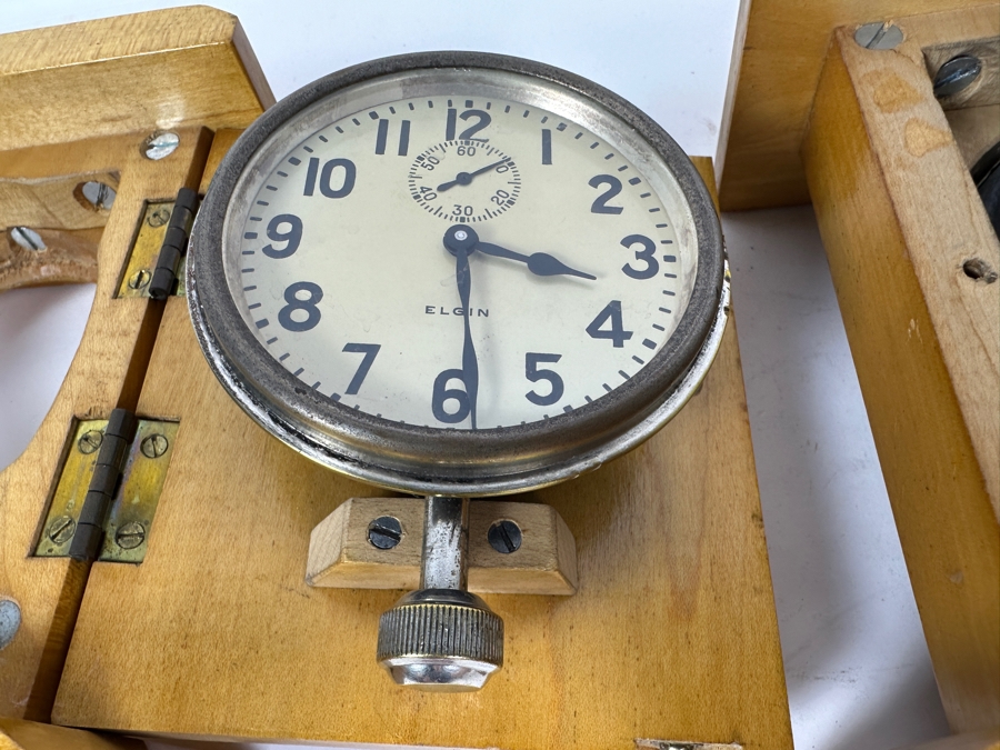 Pair Of Vintage Elgin 8 Day Car Clocks With Wooden Display Cases - Needs Servicing 6W X 2.75D X 6.5H [Photo 5]