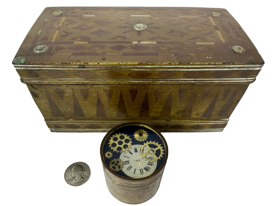 Vintage Metal Inlay Box 7.5W X 4D X 3.5H And Vintage Alberto Jorge Rio De Janeiro Trinket Box With Clock Gears 2W X 1.75H [Photo 2]
