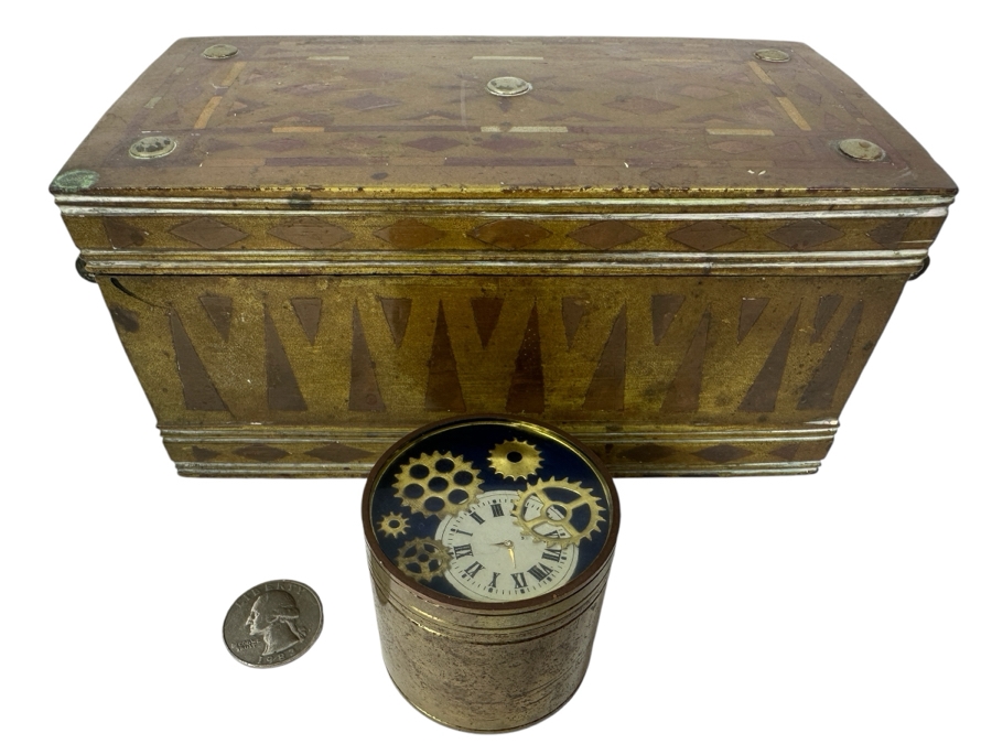 Vintage Metal Inlay Box 7.5W X 4D X 3.5H And Vintage Alberto Jorge Rio De Janeiro Trinket Box With Clock Gears 2W X 1.75H [Photo 1]