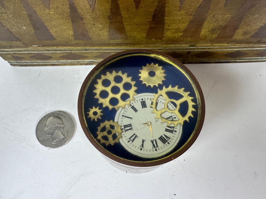 Vintage Metal Inlay Box 7.5W X 4D X 3.5H And Vintage Alberto Jorge Rio De Janeiro Trinket Box With Clock Gears 2W X 1.75H [Photo 3]