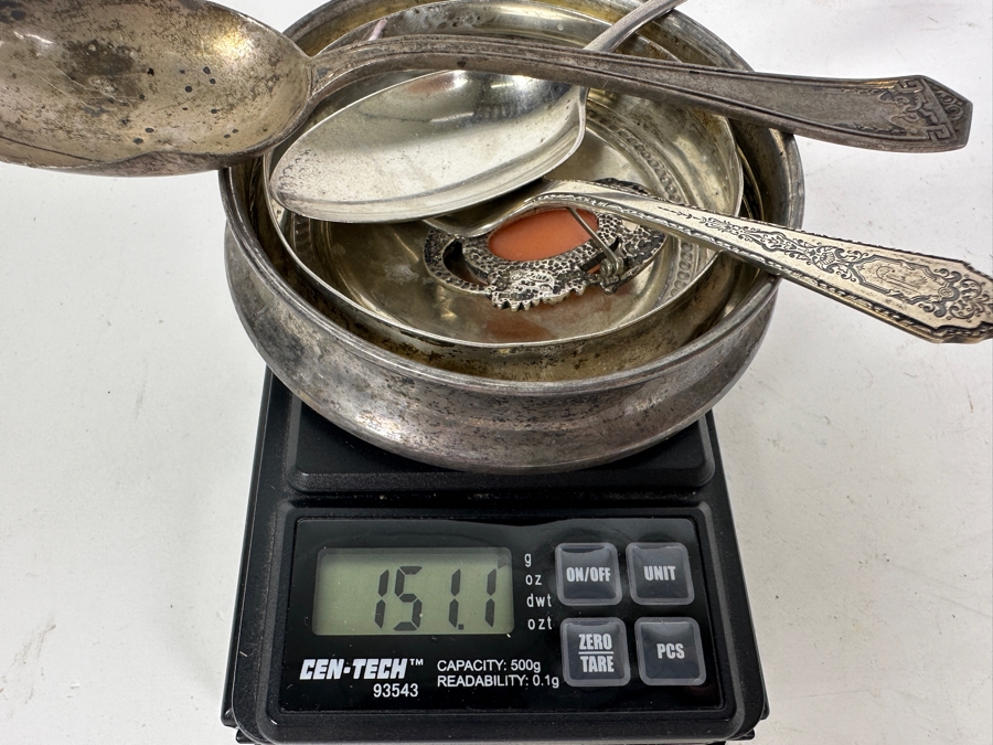 Sterling Silver Lot With Pair Of Sterling Lids, 2 Spoons, Fork & Cameo 151.1g [Photo 2]