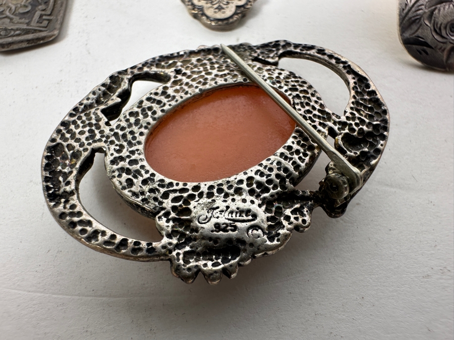 Sterling Silver Lot With Pair Of Sterling Lids, 2 Spoons, Fork & Cameo 151.1g [Photo 8]