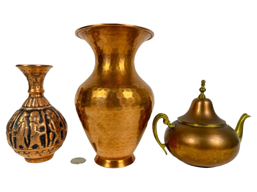 Pair Of Vintage Handmade Copper Vases 6H & 8H And Copper/Brass Teapot With Bell Lid [Photo 1]