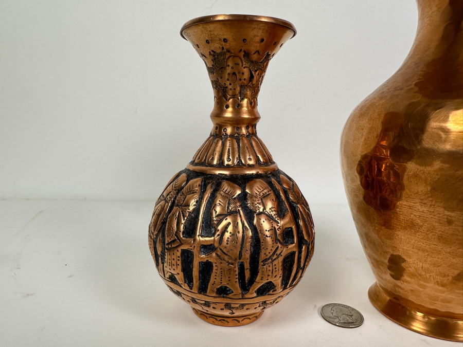 Pair Of Vintage Handmade Copper Vases 6H & 8H And Copper/Brass Teapot With Bell Lid [Photo 2]