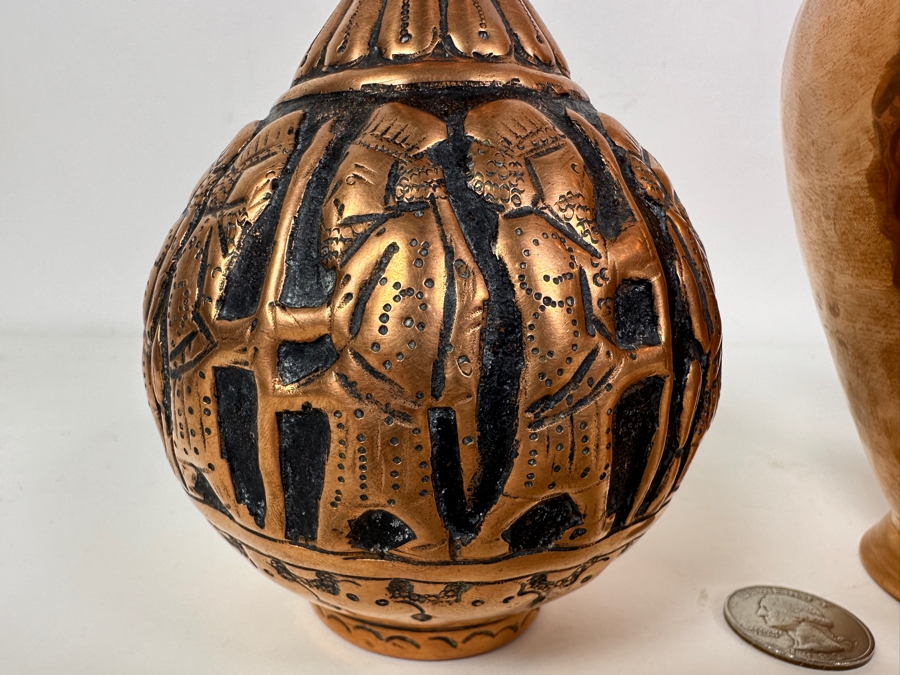 Pair Of Vintage Handmade Copper Vases 6H & 8H And Copper/Brass Teapot With Bell Lid [Photo 3]