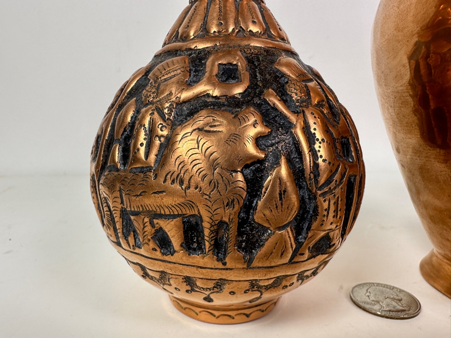 Pair Of Vintage Handmade Copper Vases 6H & 8H And Copper/Brass Teapot With Bell Lid [Photo 4]